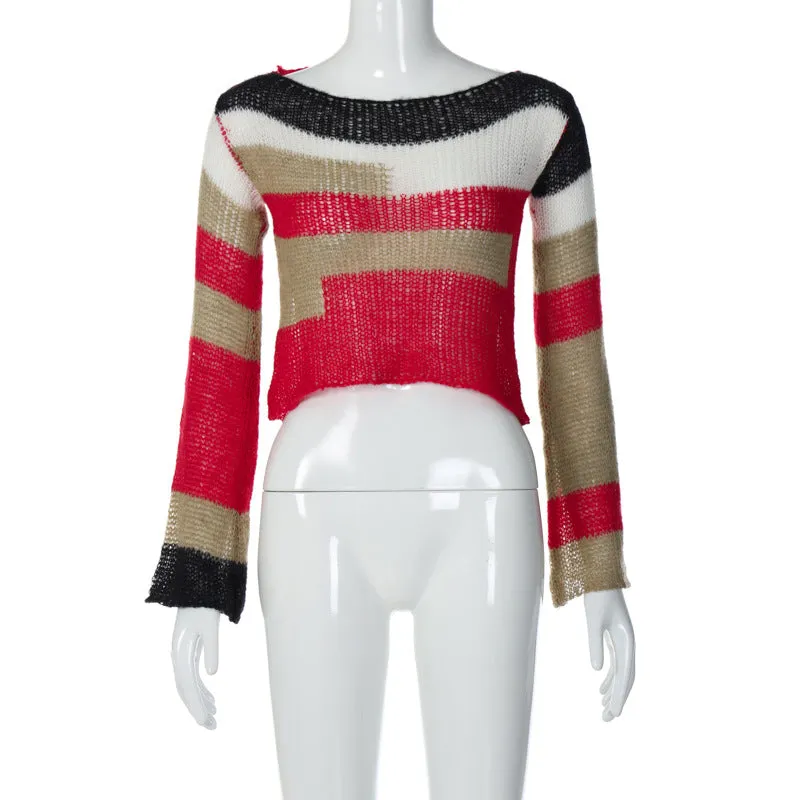 10682 O Neck Knitting Long Sleeve Hollow Out High Waiat Backless Colorful Sweater New Fashion Winter Wholesale Clothes