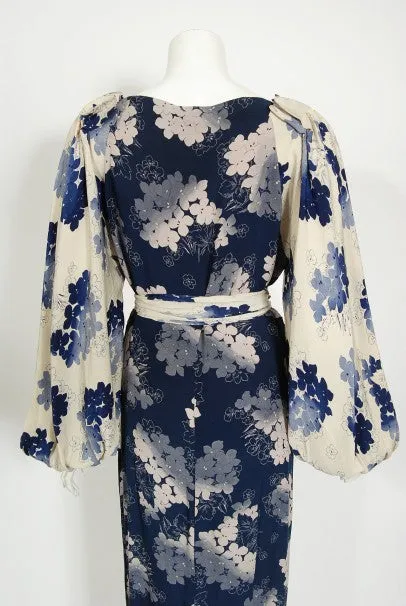 1930's Arthur Weiss Blue & Ivory Floral Print Silk Balloon-Sleeve Dress