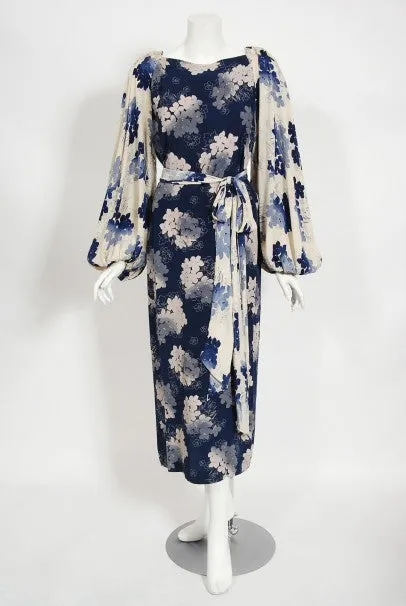 1930's Arthur Weiss Blue & Ivory Floral Print Silk Balloon-Sleeve Dress