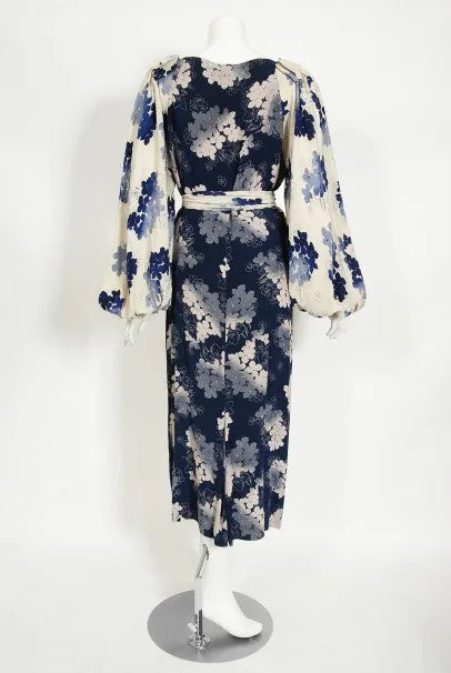 1930's Arthur Weiss Blue & Ivory Floral Print Silk Balloon-Sleeve Dress