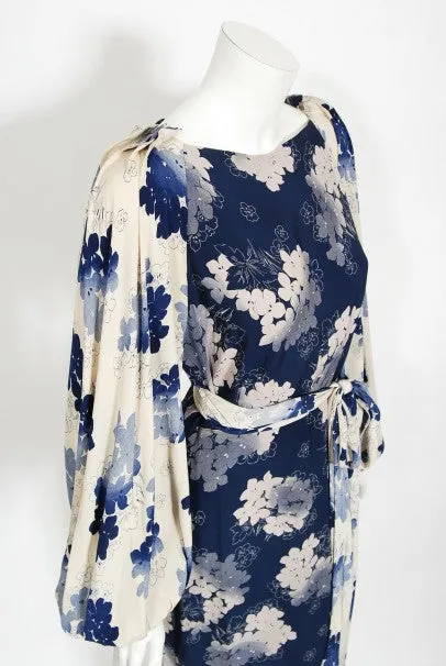 1930's Arthur Weiss Blue & Ivory Floral Print Silk Balloon-Sleeve Dress
