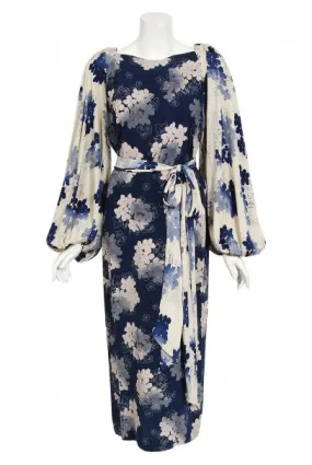 1930's Arthur Weiss Blue & Ivory Floral Print Silk Balloon-Sleeve Dress