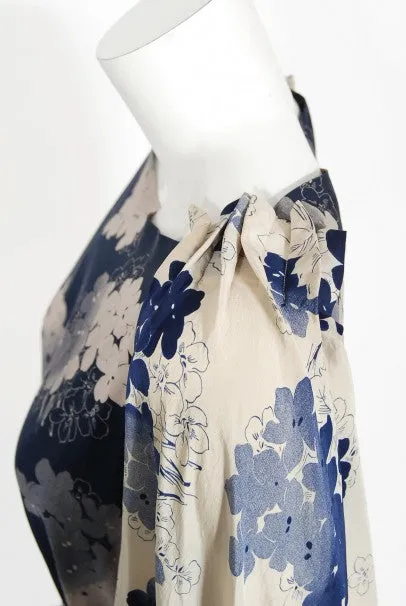 1930's Arthur Weiss Blue & Ivory Floral Print Silk Balloon-Sleeve Dress