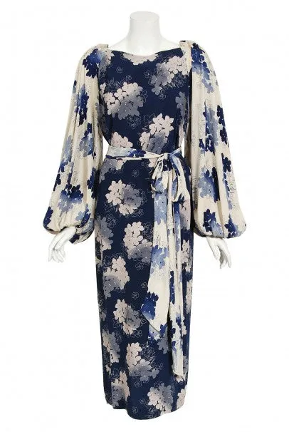 1930's Arthur Weiss Blue & Ivory Floral Print Silk Balloon-Sleeve Dress