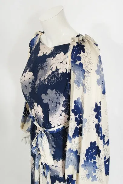 1930's Arthur Weiss Blue & Ivory Floral Print Silk Balloon-Sleeve Dress