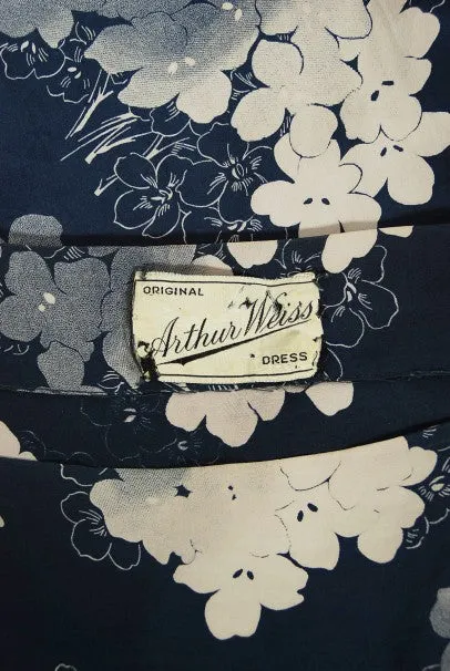 1930's Arthur Weiss Blue & Ivory Floral Print Silk Balloon-Sleeve Dress
