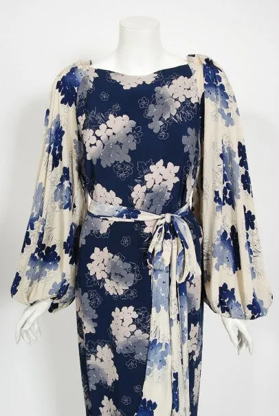 1930's Arthur Weiss Blue & Ivory Floral Print Silk Balloon-Sleeve Dress