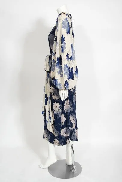 1930's Arthur Weiss Blue & Ivory Floral Print Silk Balloon-Sleeve Dress