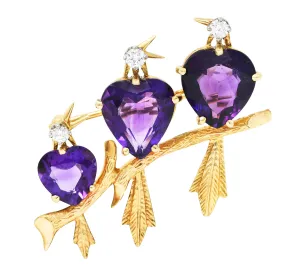 1960's Vintage Diamond Amethyst 14 Karat Yellow Gold Bird Brooch