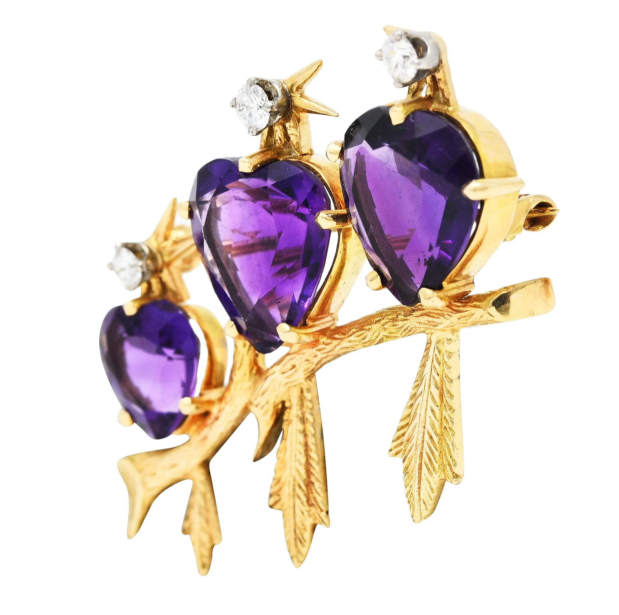 1960's Vintage Diamond Amethyst 14 Karat Yellow Gold Bird Brooch