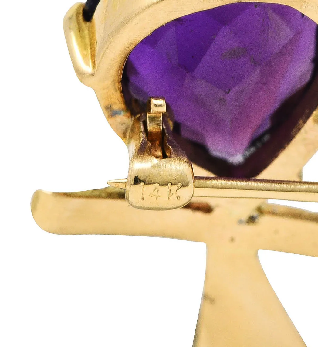 1960's Vintage Diamond Amethyst 14 Karat Yellow Gold Bird Brooch