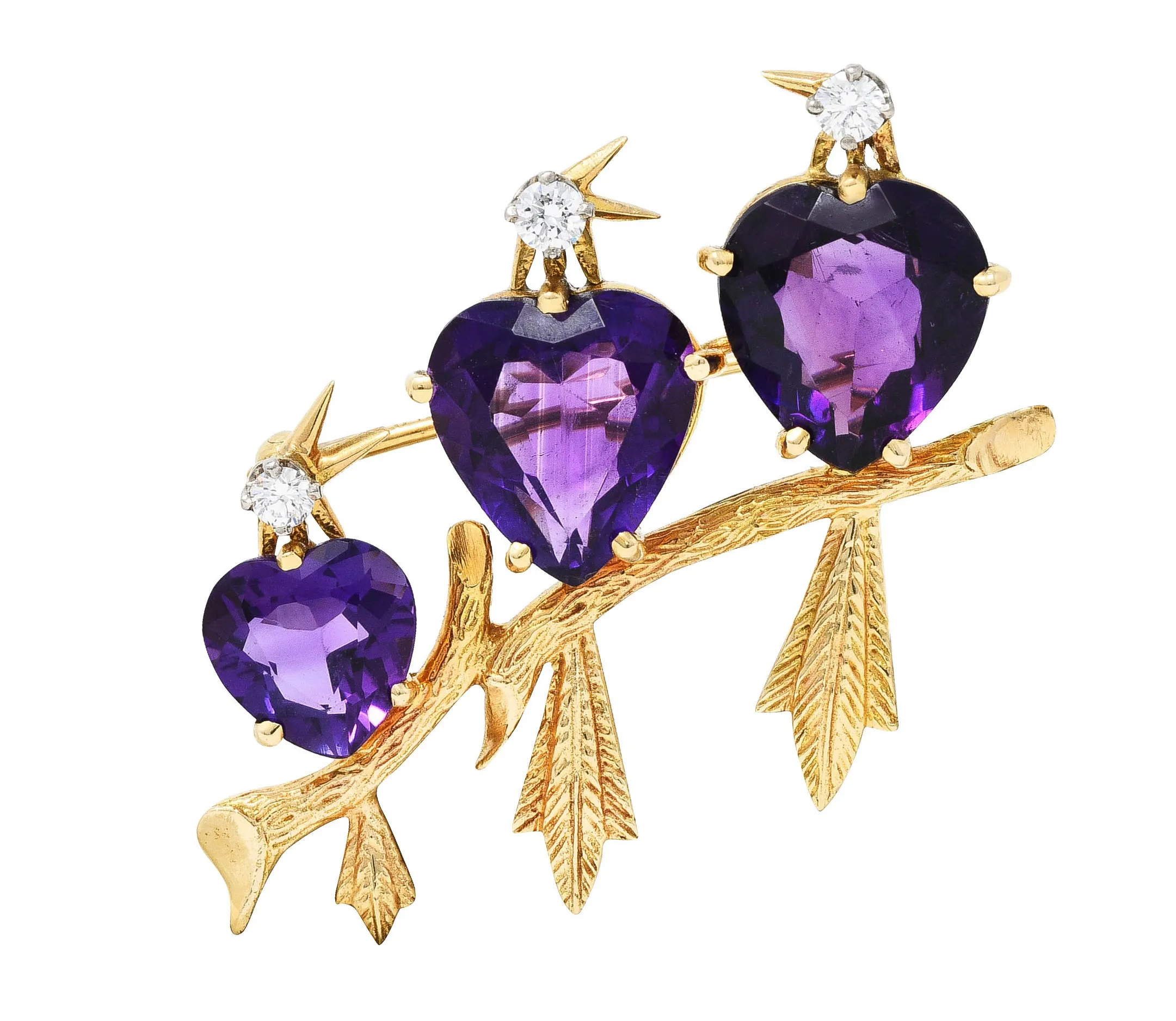 1960's Vintage Diamond Amethyst 14 Karat Yellow Gold Bird Brooch