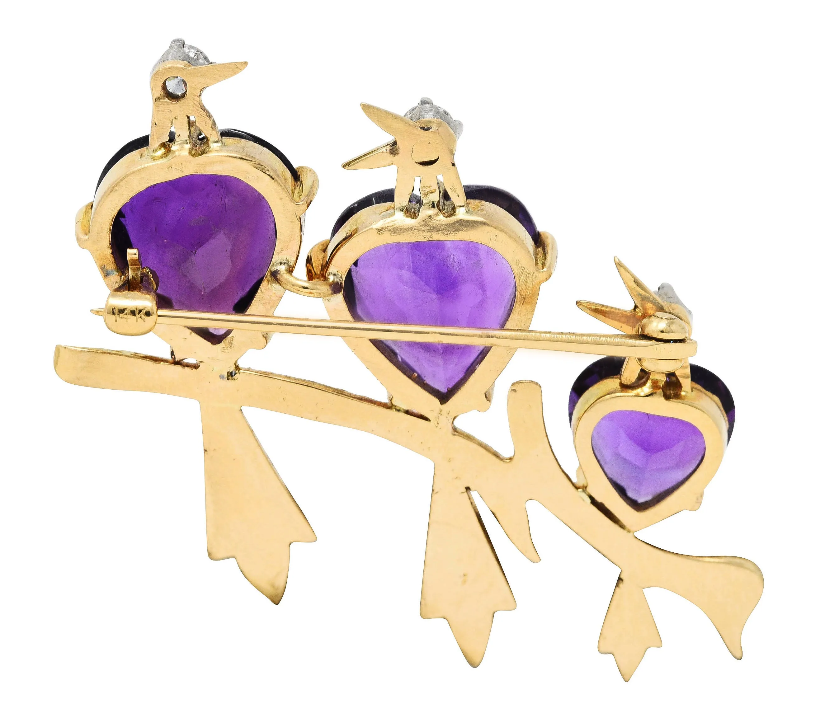 1960's Vintage Diamond Amethyst 14 Karat Yellow Gold Bird Brooch