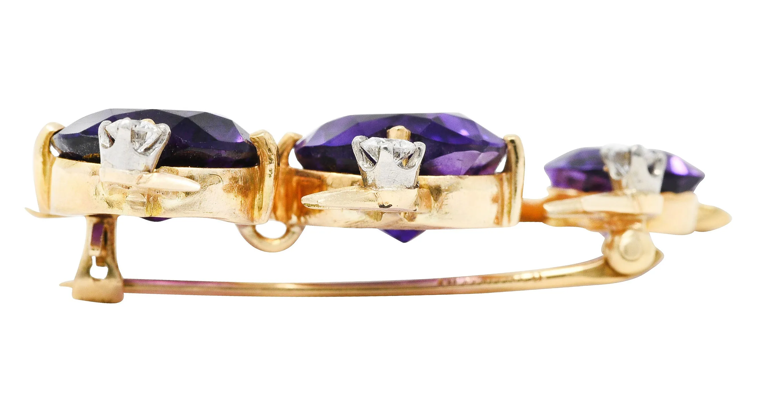 1960's Vintage Diamond Amethyst 14 Karat Yellow Gold Bird Brooch