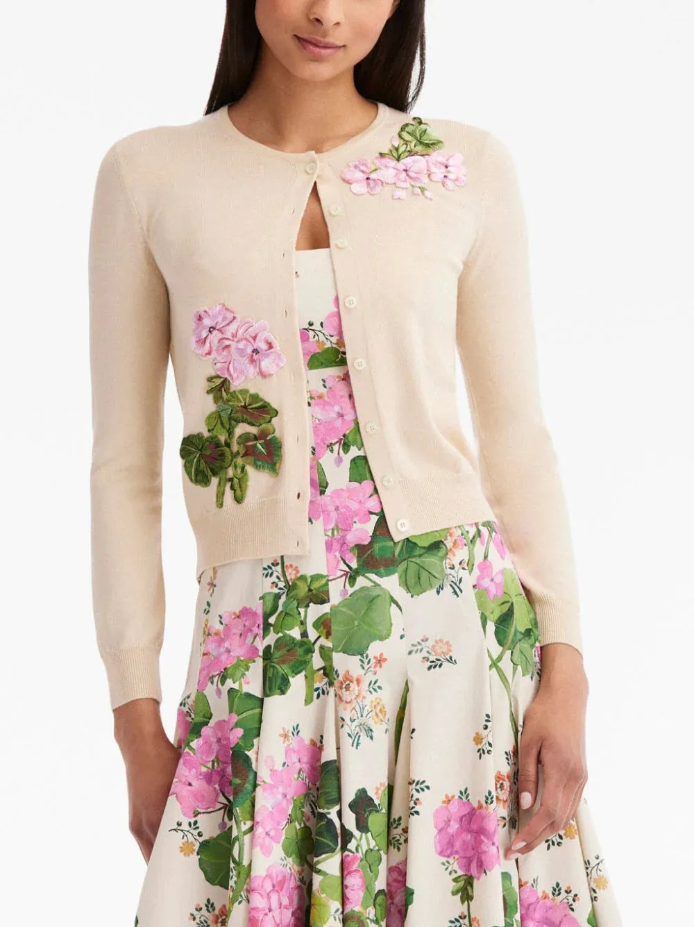23FE145EER Long sleeve geranium embroidered cardigan