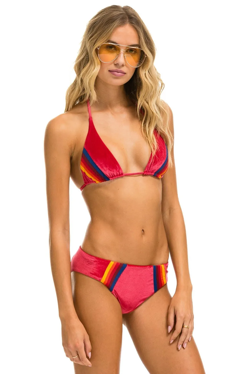 5 STRIPE VELVET TRIANGLE BIKINI TOP - RED