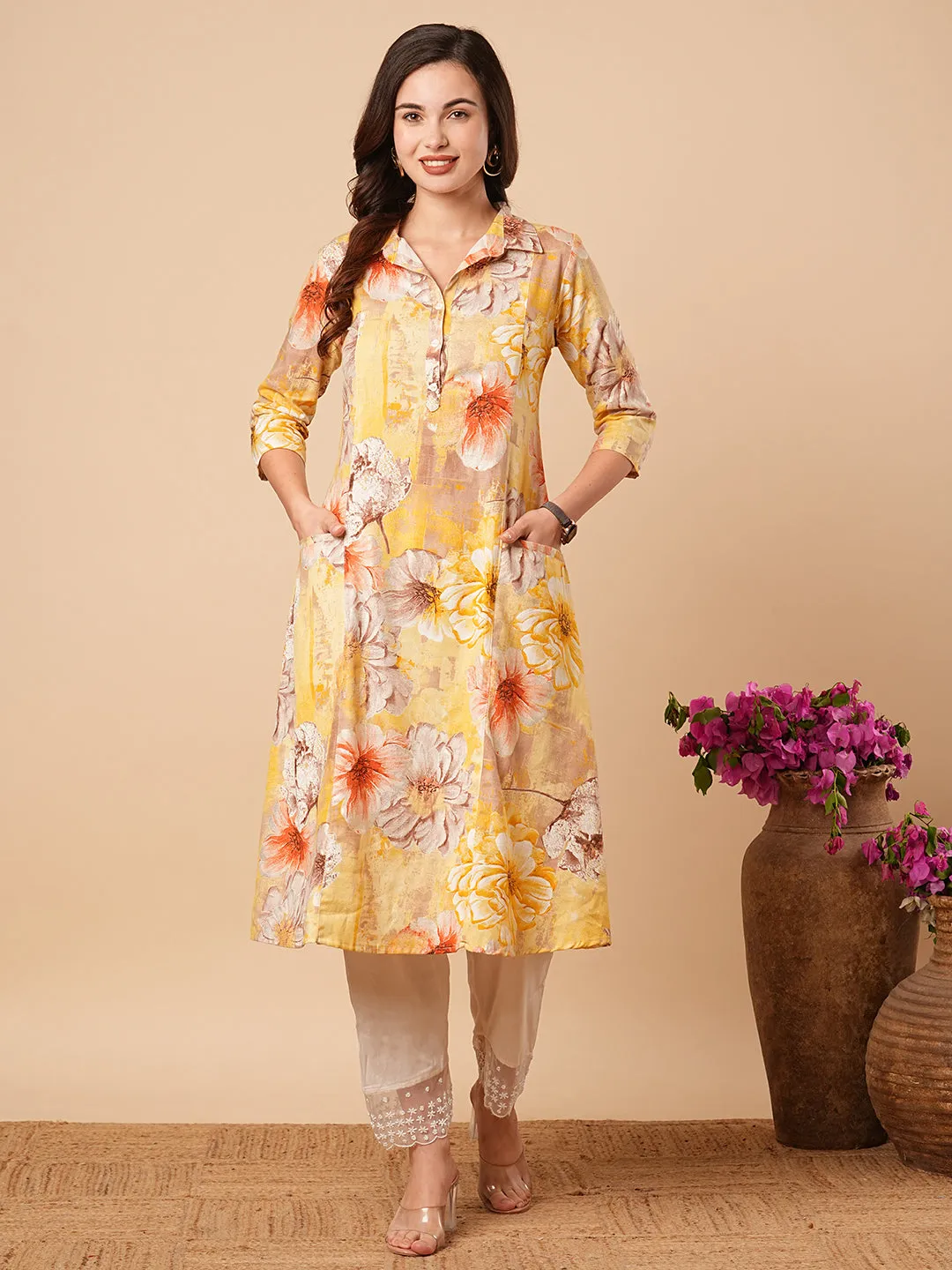 Abstract Floral Foil Printed A-Line Paneled Midi Dress - Yellow