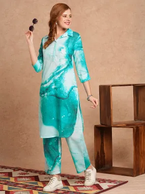Abstract Printed Straight Fit Co-ord Set - Blue