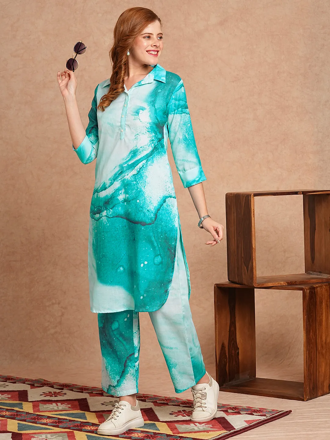 Abstract Printed Straight Fit Co-ord Set - Blue