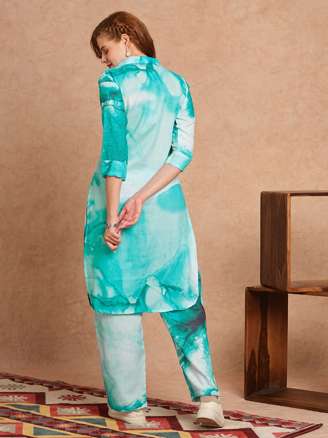 Abstract Printed Straight Fit Co-ord Set - Blue