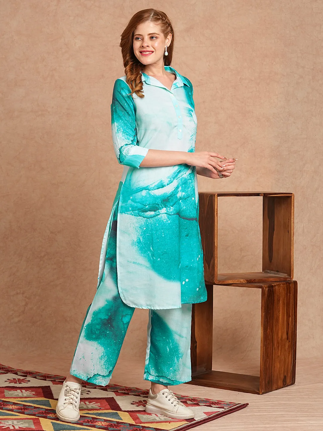 Abstract Printed Straight Fit Co-ord Set - Blue