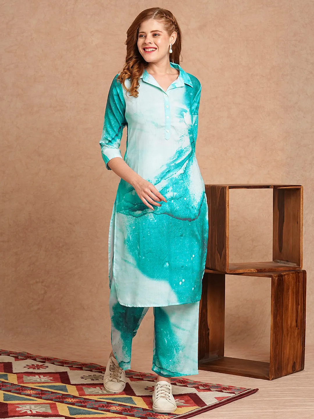Abstract Printed Straight Fit Co-ord Set - Blue