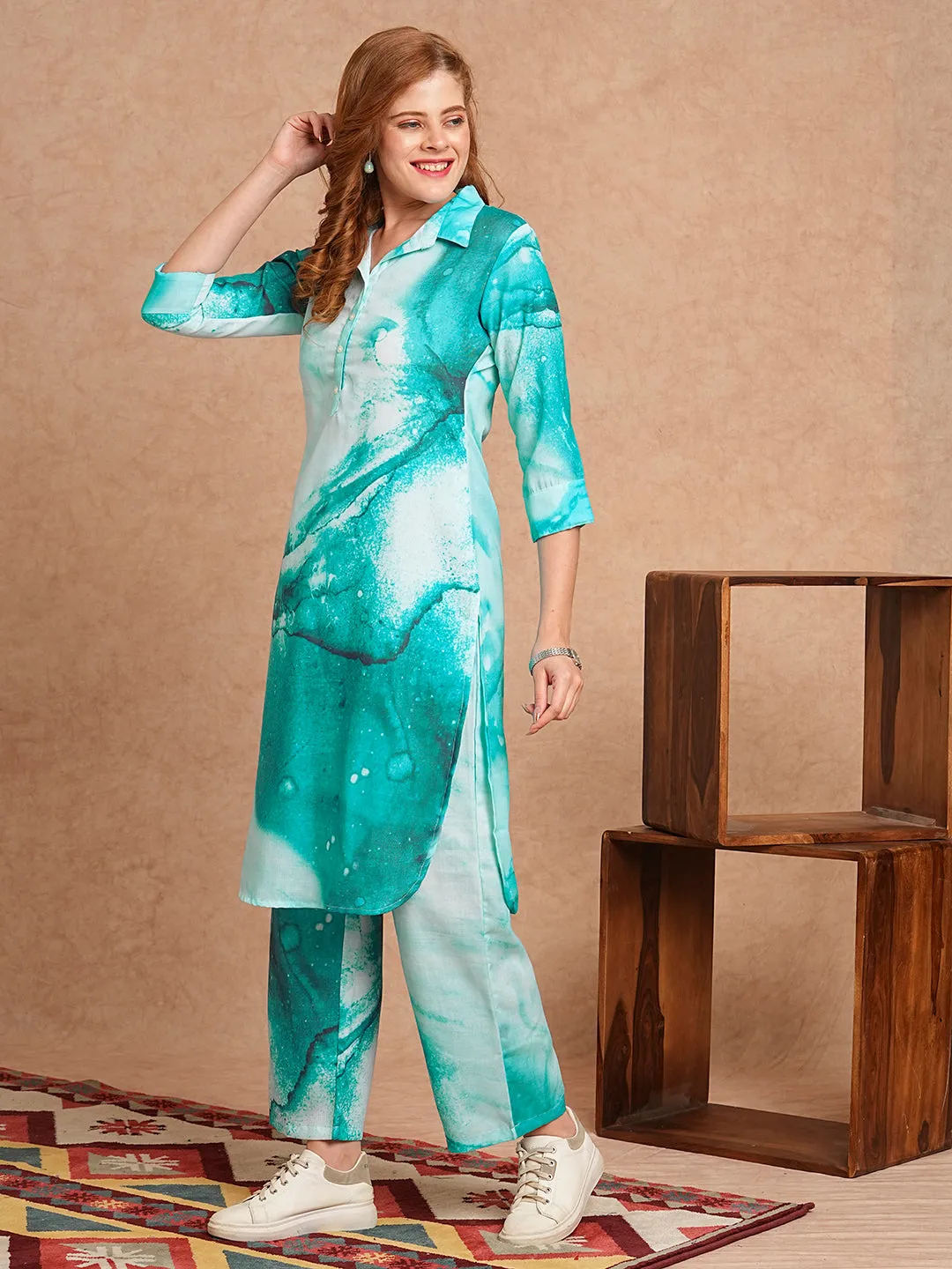 Abstract Printed Straight Fit Co-ord Set - Blue