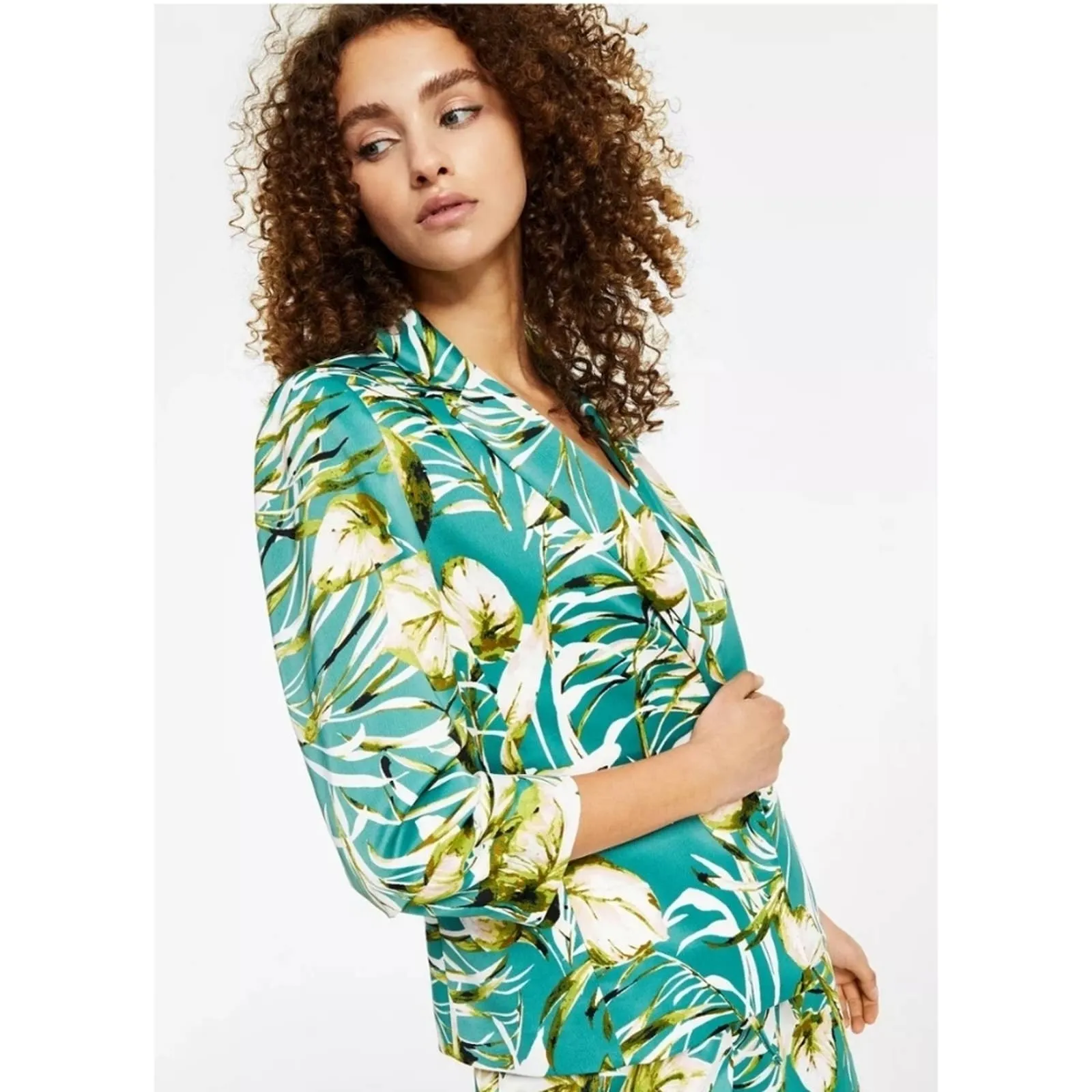 Bar III Palm Print Satin Open-Front Jacket XS