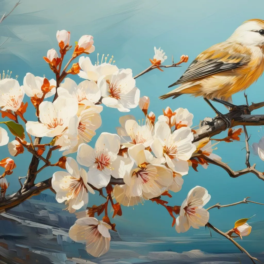 Bird on a Almond Tree Branch
