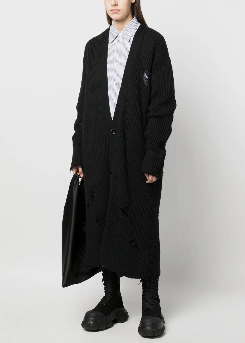 Black Distressed Knitted Cardi-Coat
