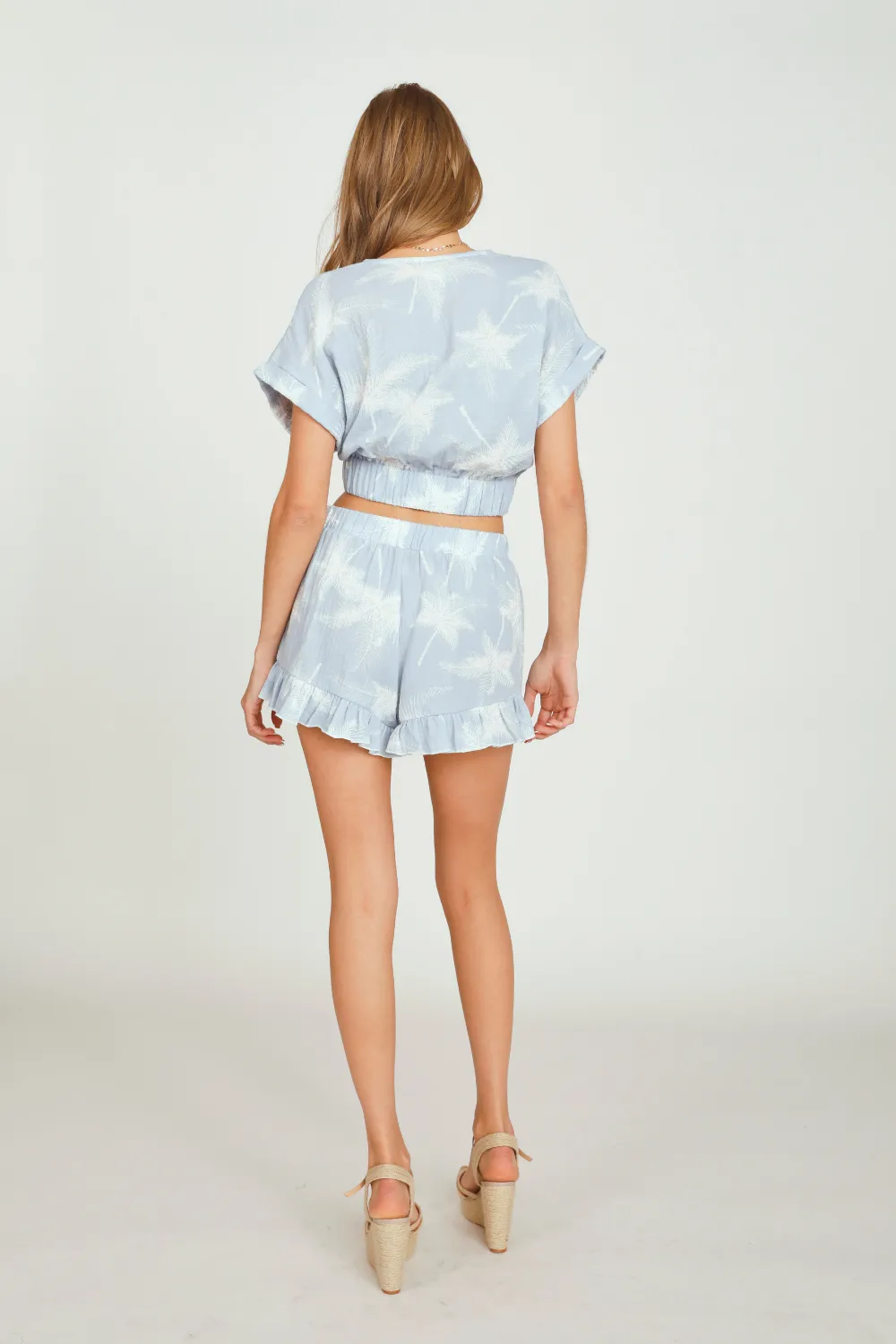 Blue w/ White Palm Trees Printed Gauze Twist Front Top