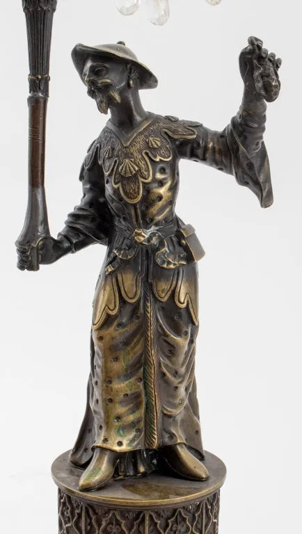 Chinoiserie Patinated Brass Figural Candelabra, 2