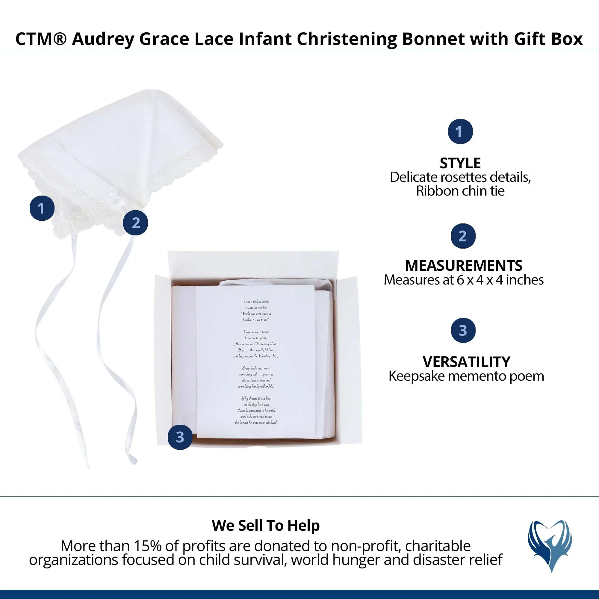 CTM® Audrey Grace Lace Infant Christening Bonnet with Gift Box