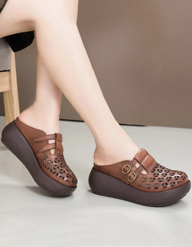 Double Buckles Summer Hollow Wedge Slippers