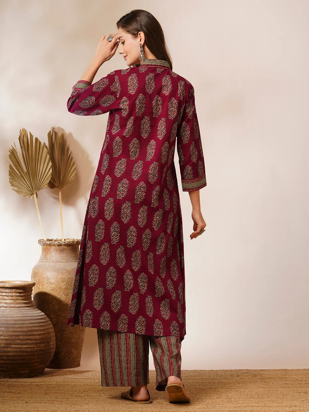 Ethnic Floral Printed A-Line Panelled Kurta with Palazzo - Burgundy