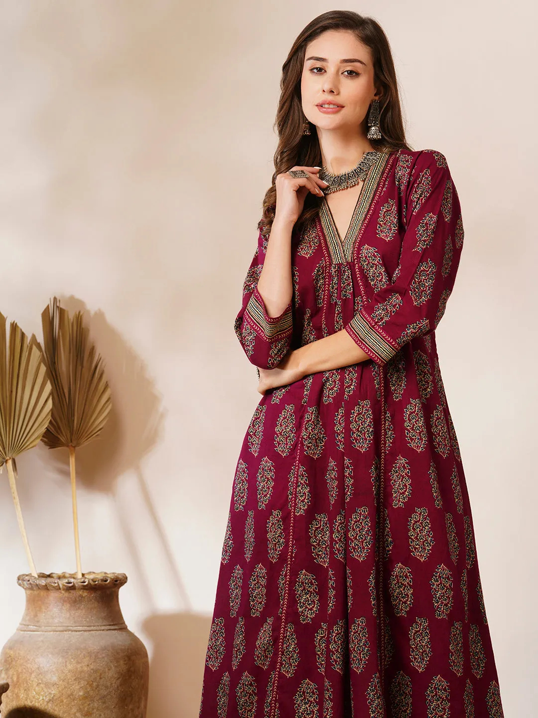 Ethnic Floral Printed A-Line Panelled Kurta with Palazzo - Burgundy