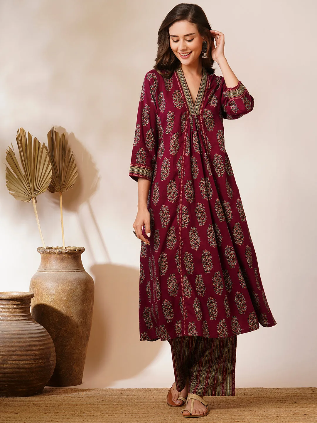 Ethnic Floral Printed A-Line Panelled Kurta with Palazzo - Burgundy