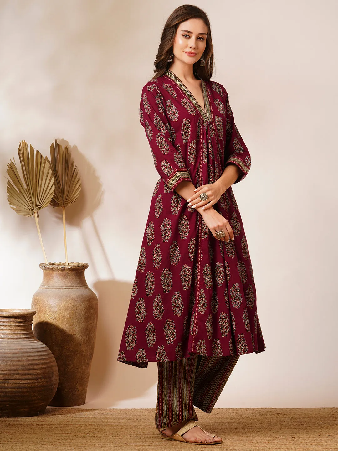Ethnic Floral Printed A-Line Panelled Kurta with Palazzo - Burgundy