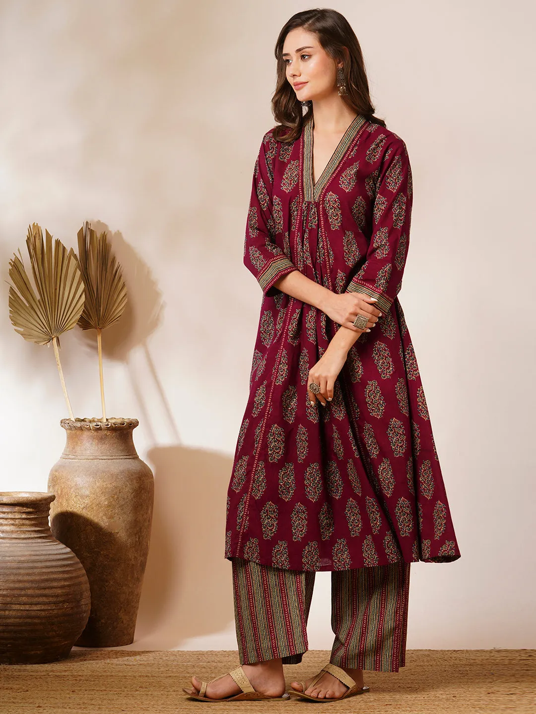 Ethnic Floral Printed A-Line Panelled Kurta with Palazzo - Burgundy