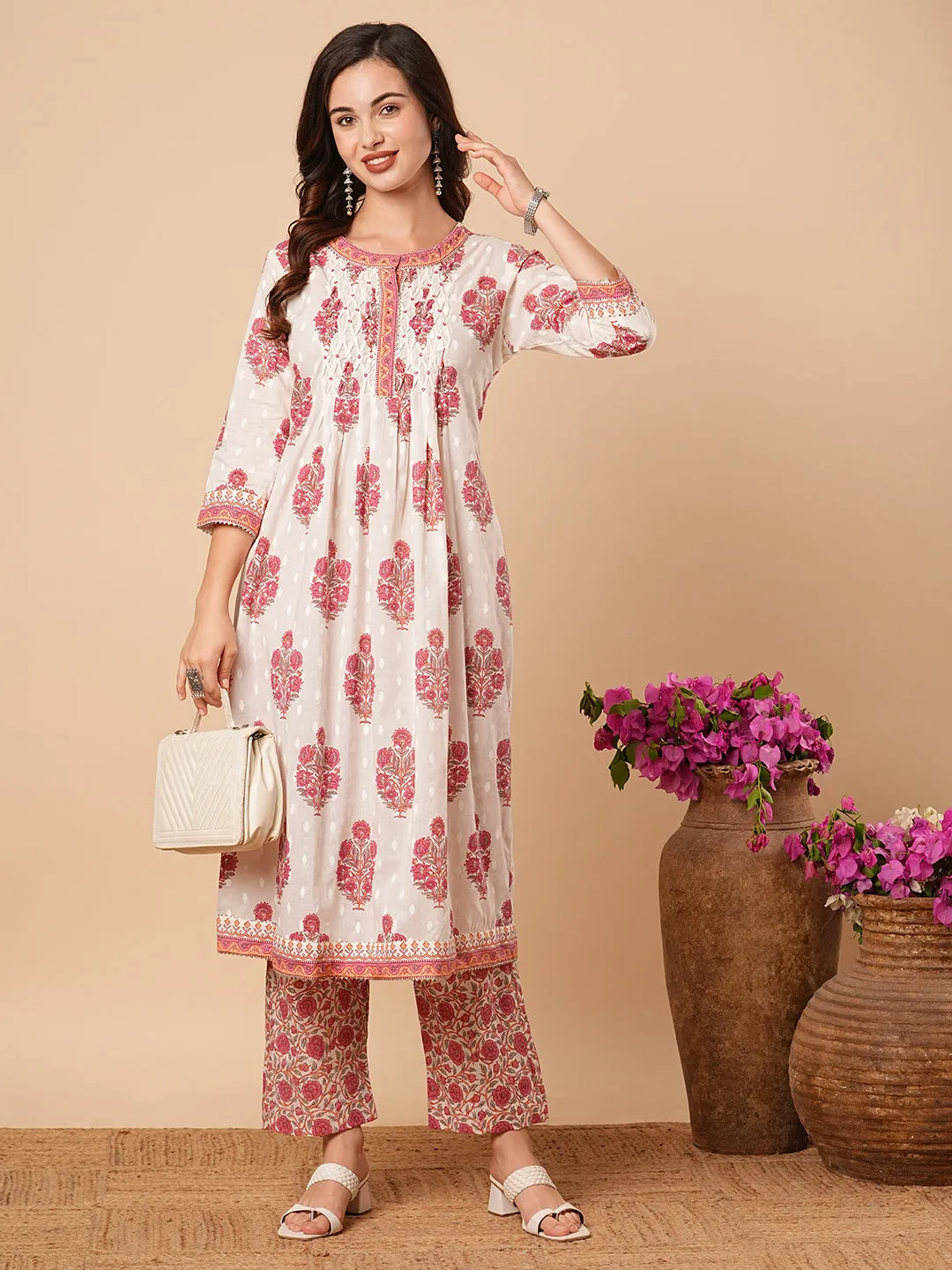Ethnic Floral Printed & Embroidered A-Line Kurta with Palazzo - Off White