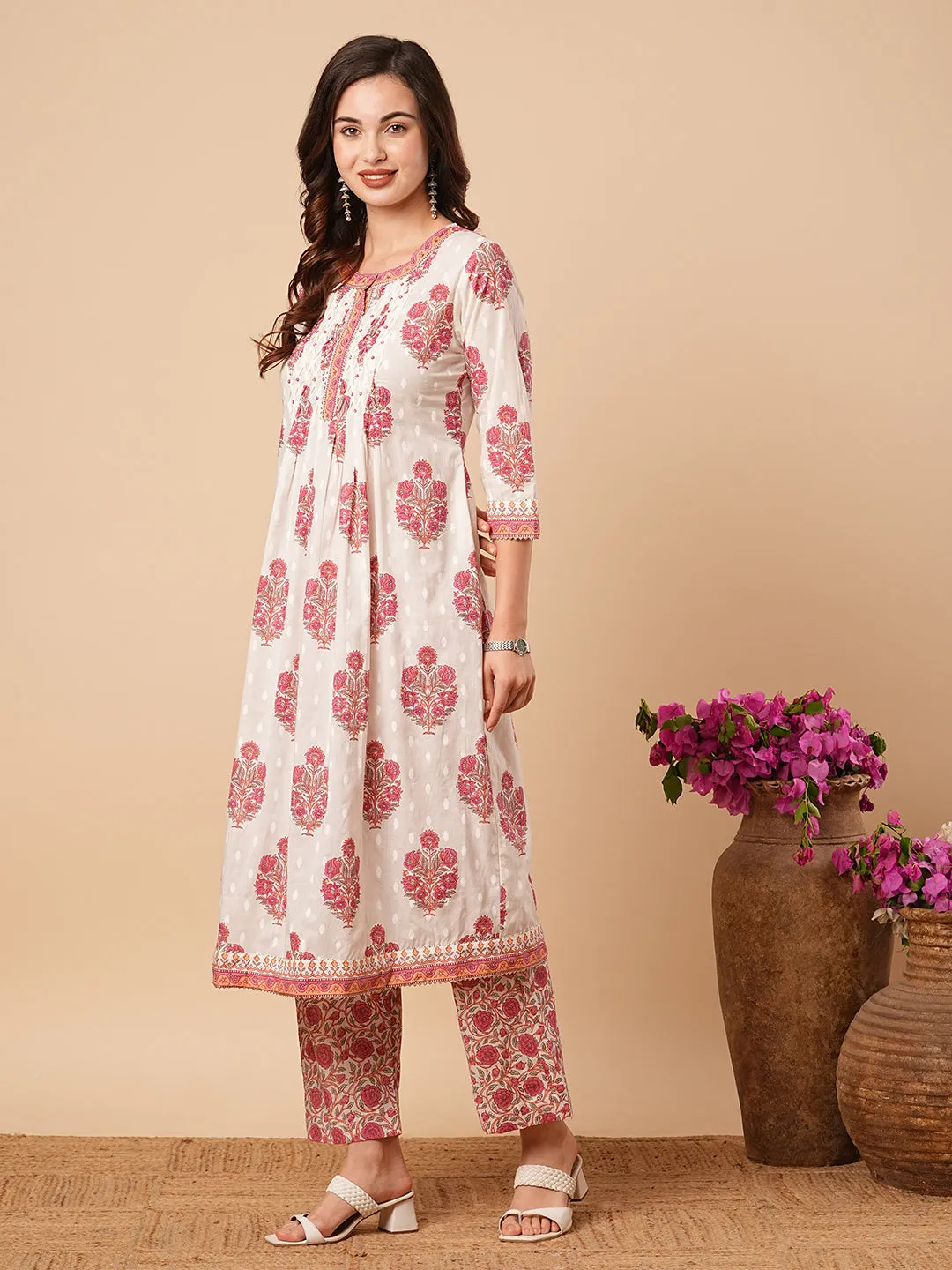 Ethnic Floral Printed & Embroidered A-Line Kurta with Palazzo - Off White