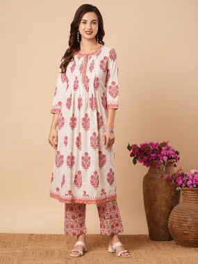 Ethnic Floral Printed & Embroidered A-Line Kurta with Palazzo - Off White