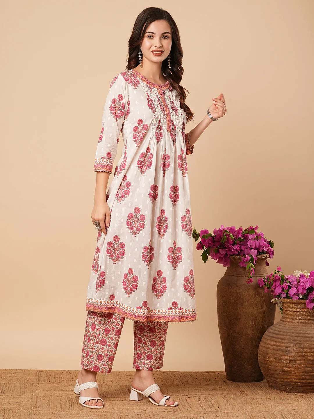 Ethnic Floral Printed & Embroidered A-Line Kurta with Palazzo - Off White