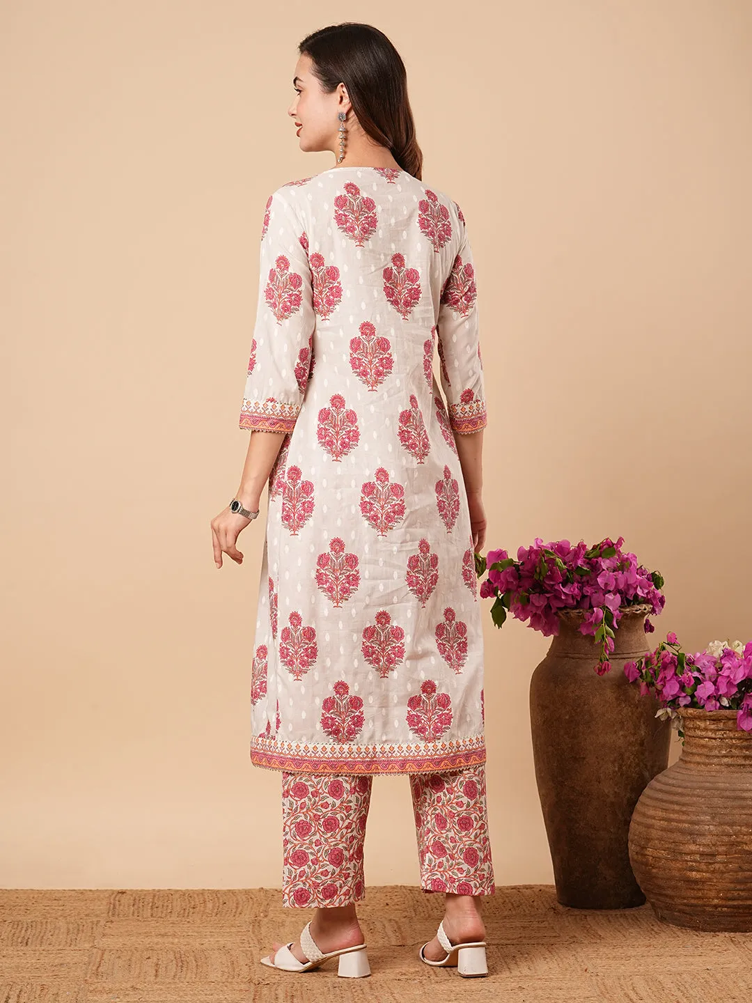 Ethnic Floral Printed & Embroidered A-Line Kurta with Palazzo - Off White