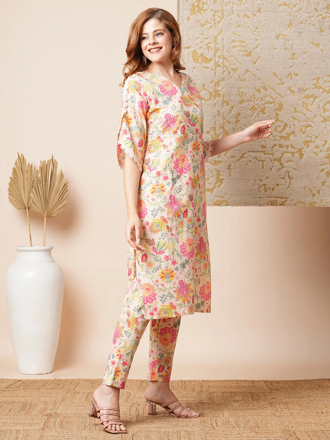 Ethnic Floral Printed Straight Fit Co-ord Set - Cream