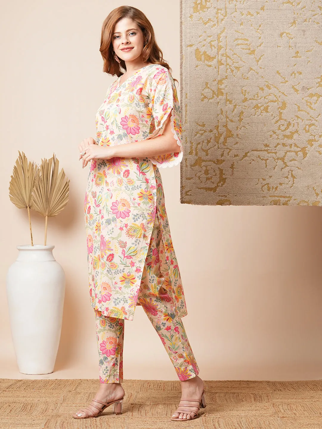 Ethnic Floral Printed Straight Fit Co-ord Set - Cream