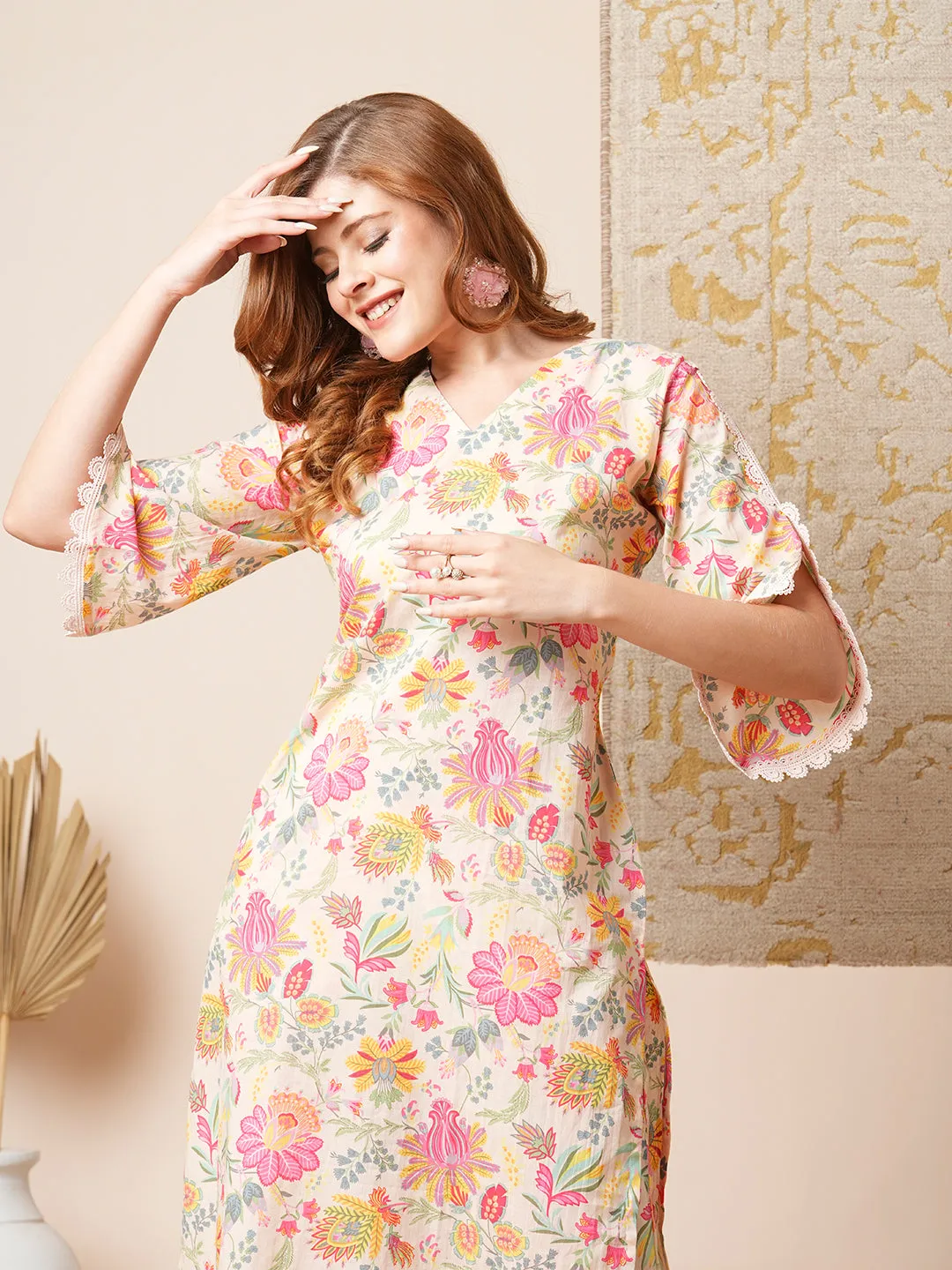 Ethnic Floral Printed Straight Fit Co-ord Set - Cream