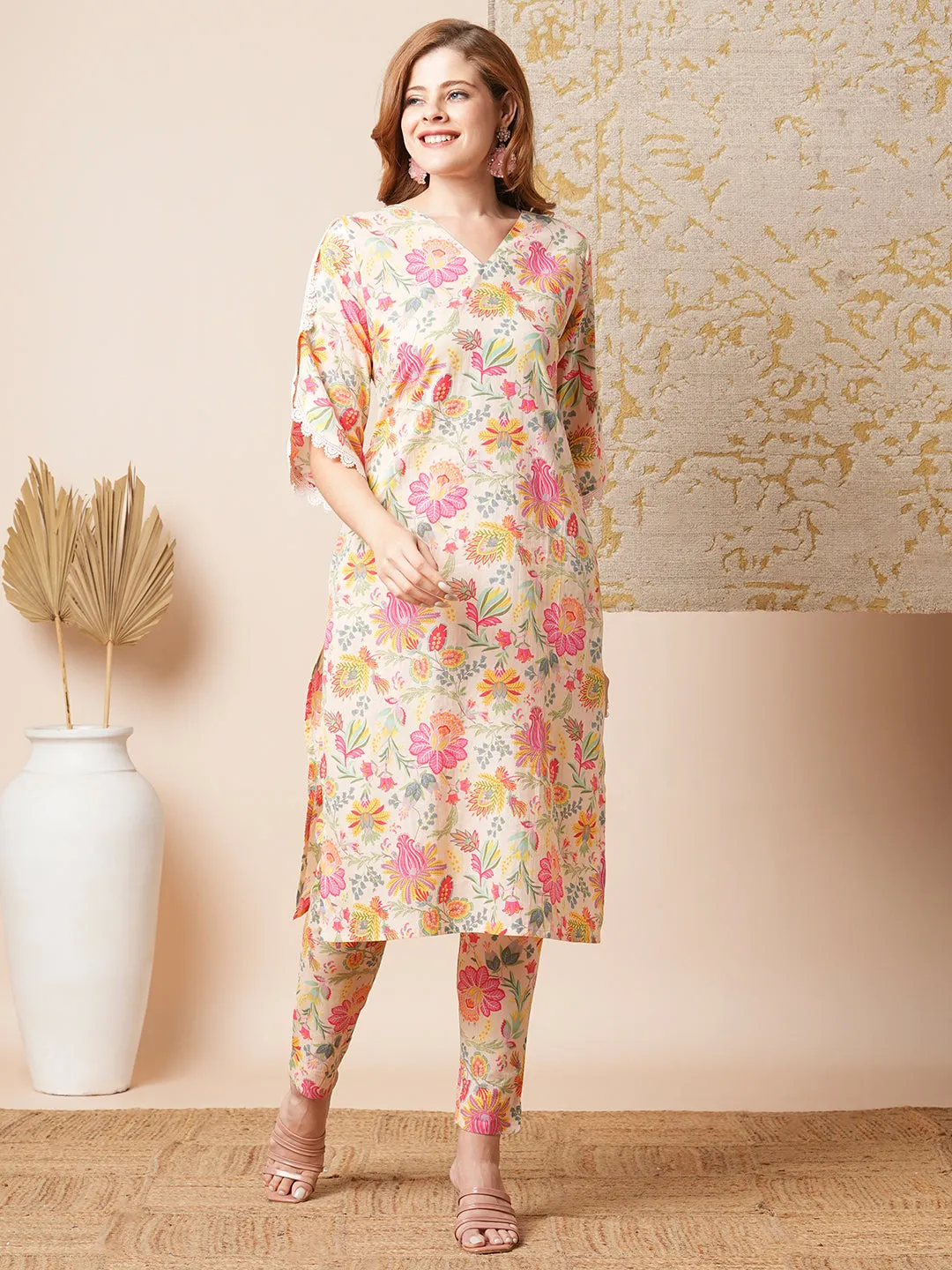 Ethnic Floral Printed Straight Fit Co-ord Set - Cream