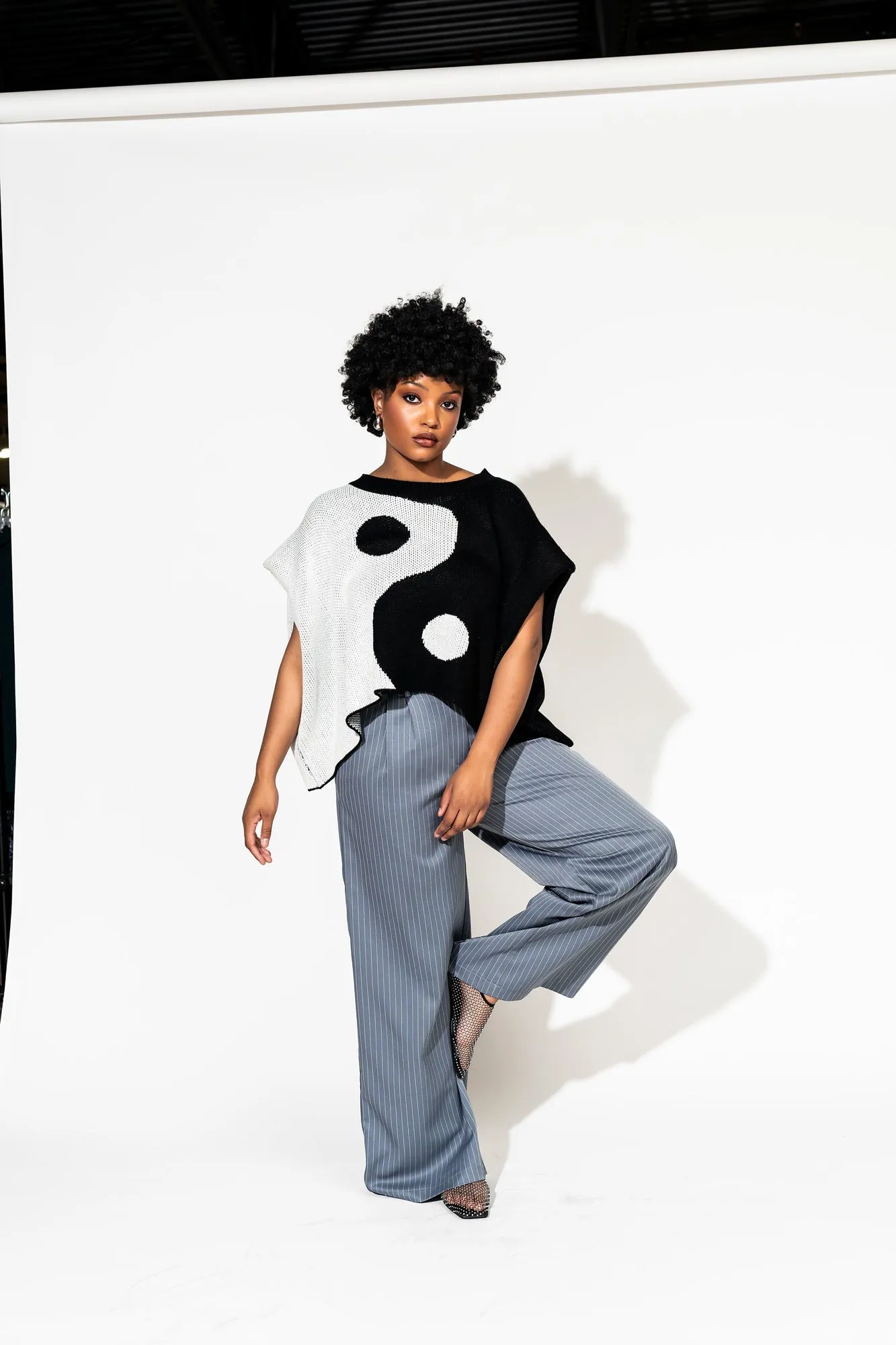 Lover Girl Knit Shoulder Pad Top in Yin and Yang