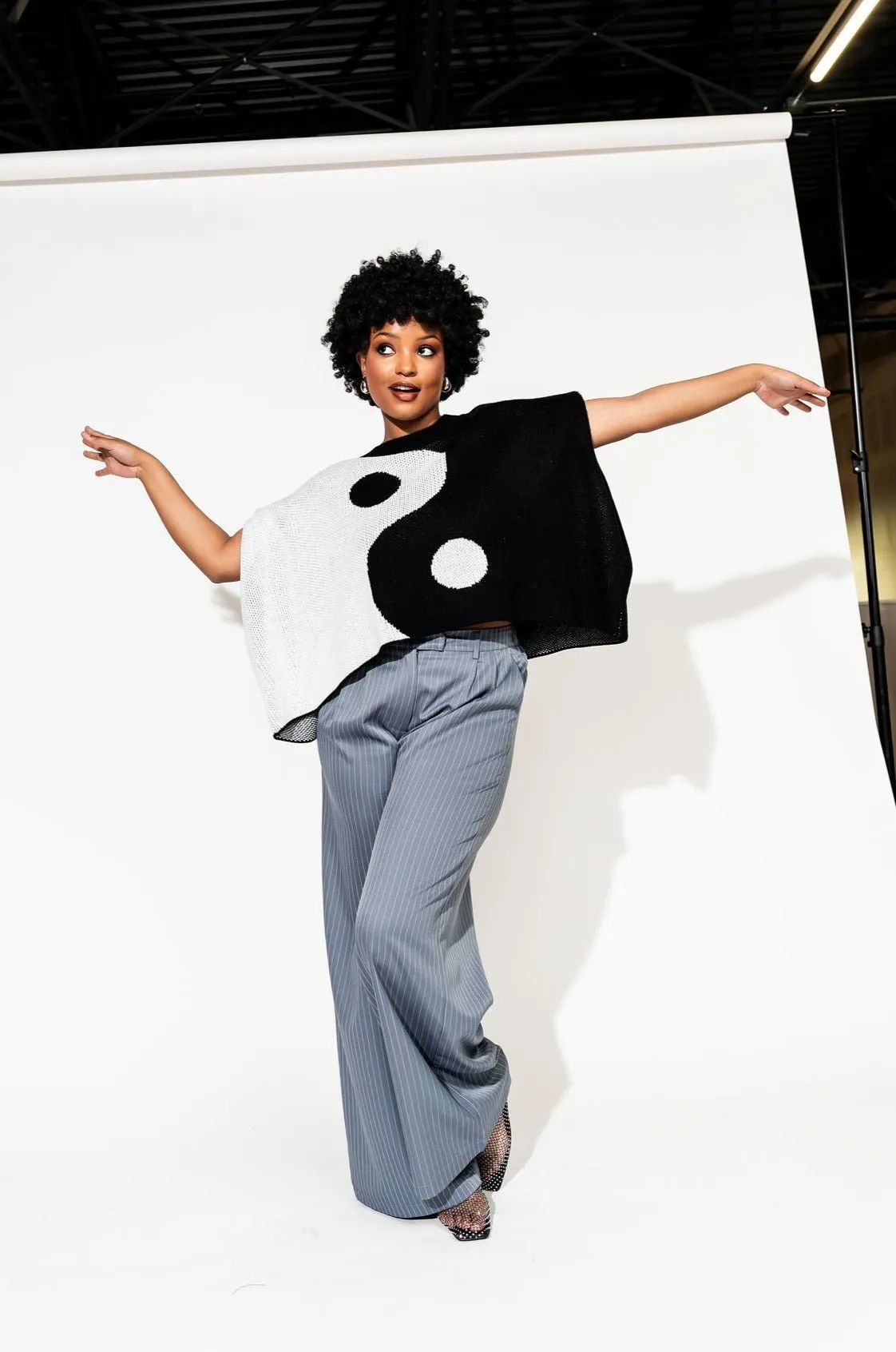 Lover Girl Knit Shoulder Pad Top in Yin and Yang